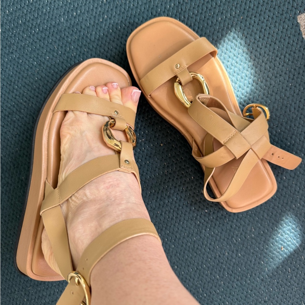 ZARA Sandals Flatform Sandals Strappy Ankle Wrap Gold Ring Sz 37 - Picture 4 of 7